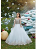 Sheer Long Sleeves Gold Lace Ivory Tulle Dreamy Flower Girl Dress